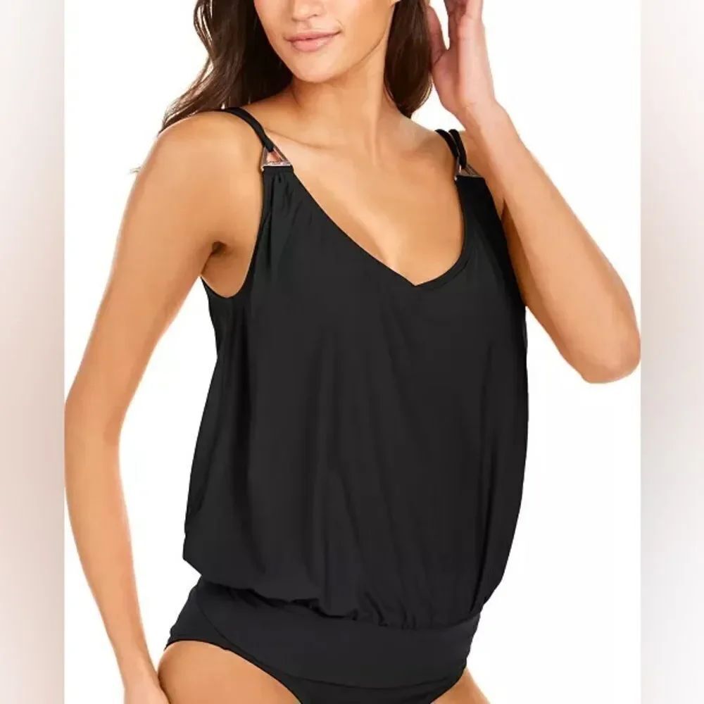 NWT- CALVIN KLEIN Blouson Tankini Top- Black- Size XS